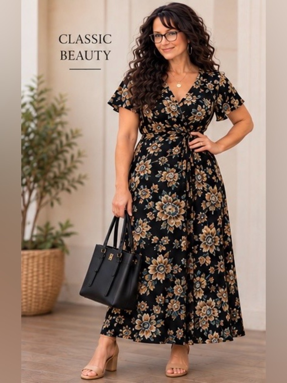 Title: Fortune + Ivy Black Floral Wrap Maxi Dress XL Boho